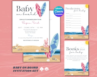 Convite para bebê a bordo, gênero neutro, pacote de convite para chá de bebê de surf, tema para chá de bebê na praia, modelo de convite editável