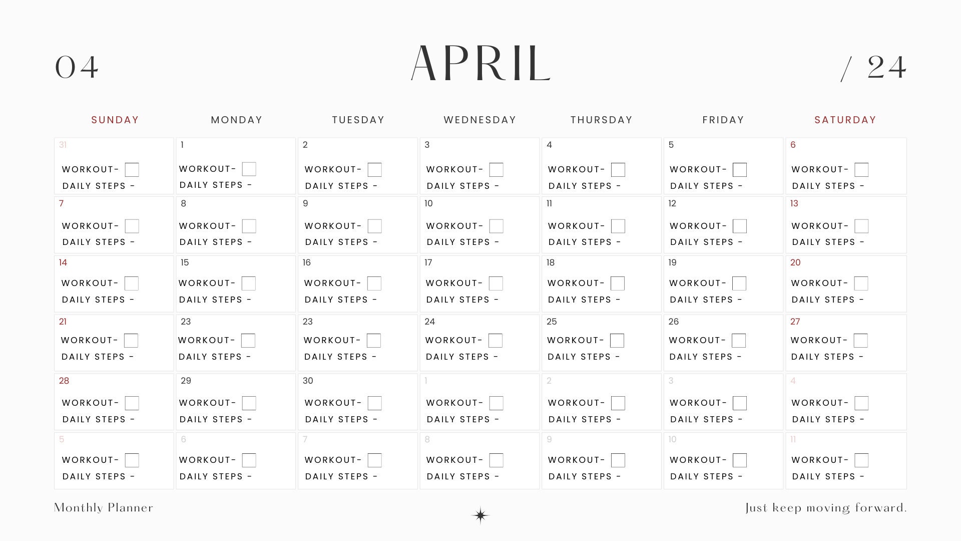 Fitness 2024 Calendar Printable Workout and Step Tracker, 5 minute