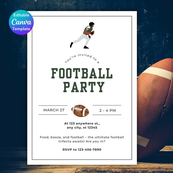 Editable Football Party Invite | Football Invitation | Football Sunday | Football PNG | Football player SVG | Template 5x7