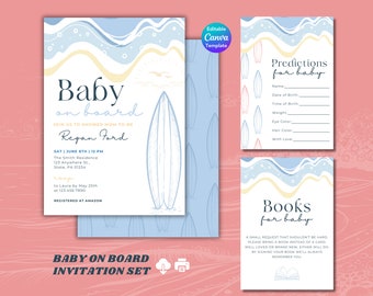 Convite para bebê a bordo, pacote de convite para chá de bebê de surf, modelo neutro de gênero, tema para chá de bebê na praia, modelo de convite editável