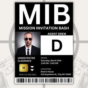 Crachá de identificação internacional masculino personalizado em preto, identificação Mib, cartão J de agente especial MIB, crachá, cosplay, modelo de convite 5x7 polegadas