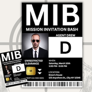 Modèle d'identification MIB, badge d'identification imprimable mib, badge d'identification international homme personnalisé en noir | Faire-part, carte MIB Agent spécial J, anniversaire