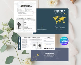 Mall för inbjudan till destinationsbröllop: Redigerbart pass och boardingkort (digitalt)