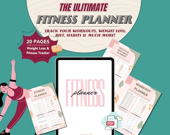 May include: Digital fitness planner with the text "THE ULTIMATE FITNESS PLANNER". The planner includes sections for tracking workouts, weight loss, diet, and habits. The image features a tablet displaying the planner, along with additional printable pages.