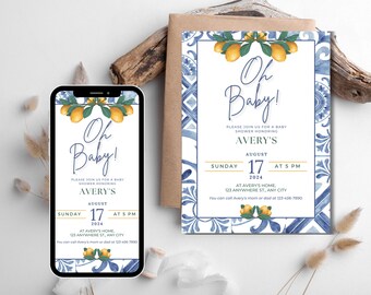 Editable Lemon Baby Shower Invitation, Oh Baby Invite, Yellow Baby Shower, Citrus Baby Shower, Main Squeeze, Invitation Template