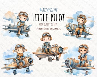 Little Pilot clipart, Watercolor clipart, Aviator clipart, Airplane clipart, Download cards making, Digital download clipart, Pilot images