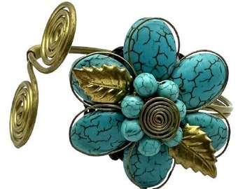 Vintage Faux Turquoise Flower Adjustable Bracelet