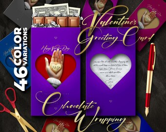 DIY Happy Valentine's day Chocolate Wrapper, bar, box, packaging. Romantic Valentine gift for sweetheart. Money cash envelope. Greeting card