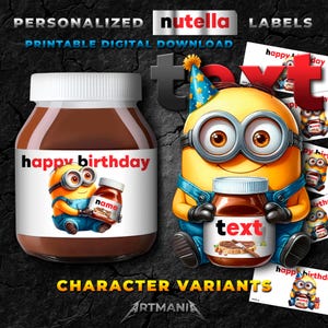 Personalized birthday nutella jar label sticker. Printable chocolate hazelnut spread label template. Cartoon funny yellow character.