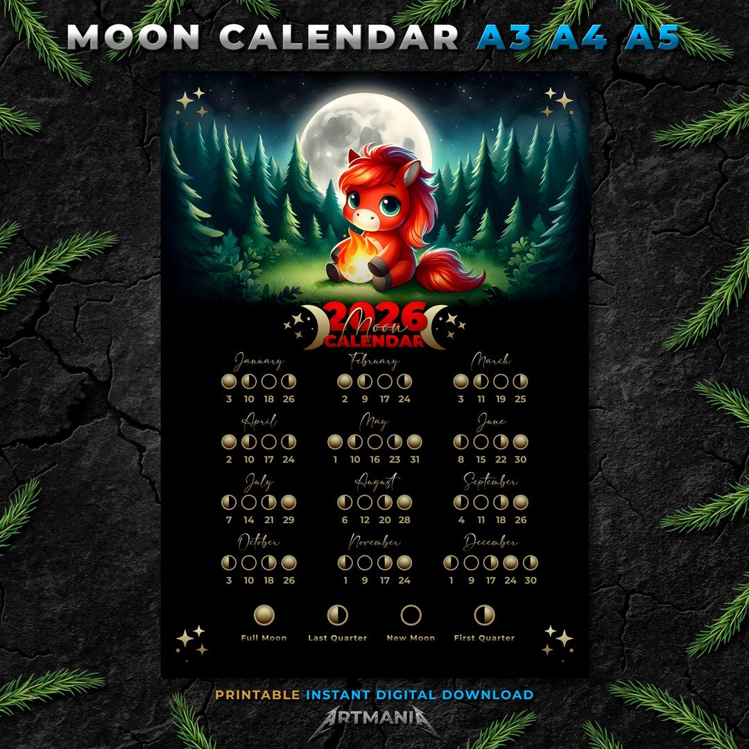 A3 A4 A5 Moon Phase Calendar 2026 Printable Digital Lunar Cycle ...