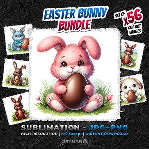 Easter Bunny PNG clip art bundle. Cute cartoon Easter bunny and rabbit with chocolate eggs. Easter sublimation design. JPG, PNG for print 4K