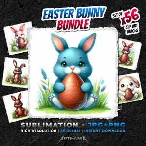 Easter Bunny PNG clip art bundle. Cute cartoon Easter bunny and rabbit with chocolate eggs. Easter sublimation design. 4K JPG, PNG for print
