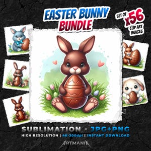 Chocolate Easter Bunny PNG clip art bundle. Cute cartoon Easter bunny and rabbit with chocolate eggs. Easter sublimation design. JPG PNG 4K