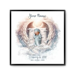 Personalisierbares Newborn Geburtsposter mit Foto. Neues Baby Portrait. Aquarell + Ölfarbe. Engelsflügel & Wolken. Druckbare Kunst Geschenk.