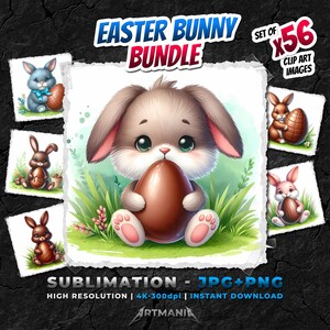 Cute Easter Bunny PNG clip art bundle. Cute cartoon Easter bunnies and rabbits with chocolate eggs. Easter sublimation design. 4K JPG PNG