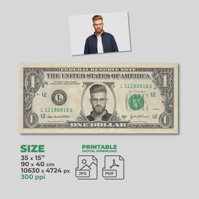 Personalized One Dollar Bill Template Poster With Your Face. Printable Digital Download ...
