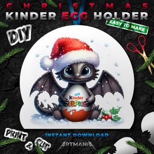 Portauovo di cioccolato Kinder natalizio stampabile fai da te, modello di involucro con simpatico drago nero. Involucro di barrette di cioccolato natalizie. Biglietto di Natale.