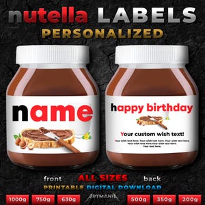 Nutella. Personalisiertes Geburtstags-Schokoladen-Haselnussaufstrich-Glasetikett. 1000g, 750g, 630g, 500g, 350g, 200g. Digitaler Download. Druckbare JPG PDF