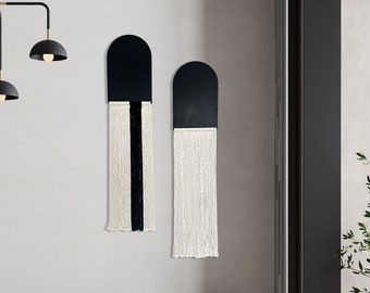 Minimalist Macrame Wall Hanging Set: Black & White Wood Art