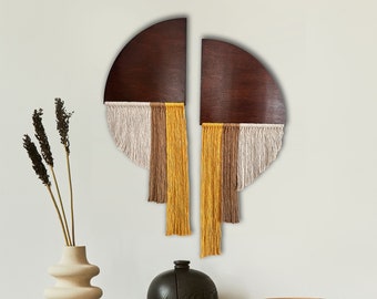 Half Moon Wood & Macrame Wall Hanging Set: Boho Fiber Art