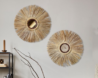Espejo de rafia hecho a mano para colgar en la pared: decoración bohemia con conchas