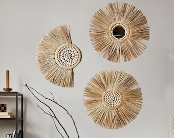 Espejo de rafia hecho a mano para colgar en la pared: decoración bohemia