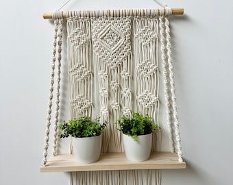 Macrame Plant Shelf: Boho Wall Hanging with Wooden Dowel
