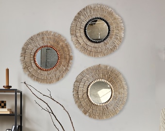 Handmade Jute Mirror Wall Hanging Set: Boho Home Decor