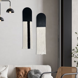 Minimalist Macrame Wall Hanging Set: Black & White Wood Art