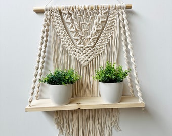Handmade Macrame Plant Shelf: Boho Wall Hanging with Wooden Dowel