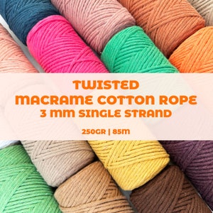 3mm Macrame Cord: Single Strand Twisted 100% Cotton Rope