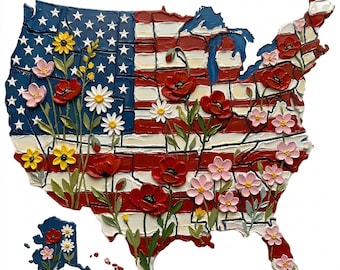 May include: A decorative wall art piece shaped like the United States, featuring the American flag design. The artwork is adorned with colorful flowers, including red poppies, pink blossoms, yellow daisies, and white daisies, adding a vibrant touch to the patriotic theme.