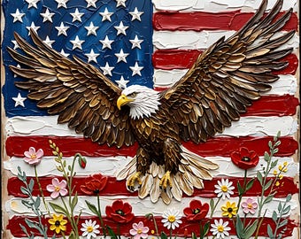 May include: A textured artwork depicting a bald eagle with spread wings set against an American flag. The flag has red and white stripes, a blue field with white stars, and a painted look. Flowers, including poppies and daisies, are at the base.