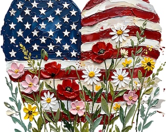 May include: A heart-shaped painting depicting the American flag, with the stars and stripes forming the background. Colorful flowers, including poppies, daisies, and other wildflowers, are painted in the foreground, creating a vibrant and patriotic floral arrangement.