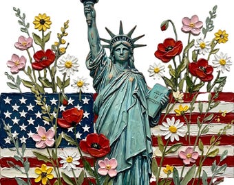 Statue of Liberty PNG Patriotic Floral Sublimation Design American Flag USA 4th of July Independence Day Impasto Oil Painting Digital