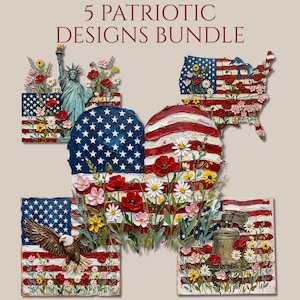 Puede incluir: Un conjunto de cinco diseños patrióticos con banderas americanas, la Estatua de la Libertad, un mapa de EE. UU. y la Campana de la Libertad, todos adornados con flores. El texto "5 PATRIOTIC DESIGNS BUNDLE" está en la parte superior.