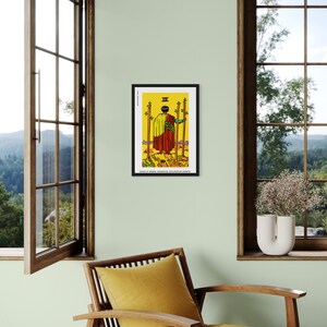 Impression d'art de carte de tarot trois baguettes peinte à la main, décoration murale spirituelle de qualité supérieure, oeuvre d'art colorée de tarot pour la maison