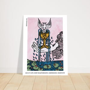 Carta de tarô pintada à mão, Ás de Copas, impressão digital, arte de tarô colorida para casa, criada a partir de design desenhado à mão pelo artista.