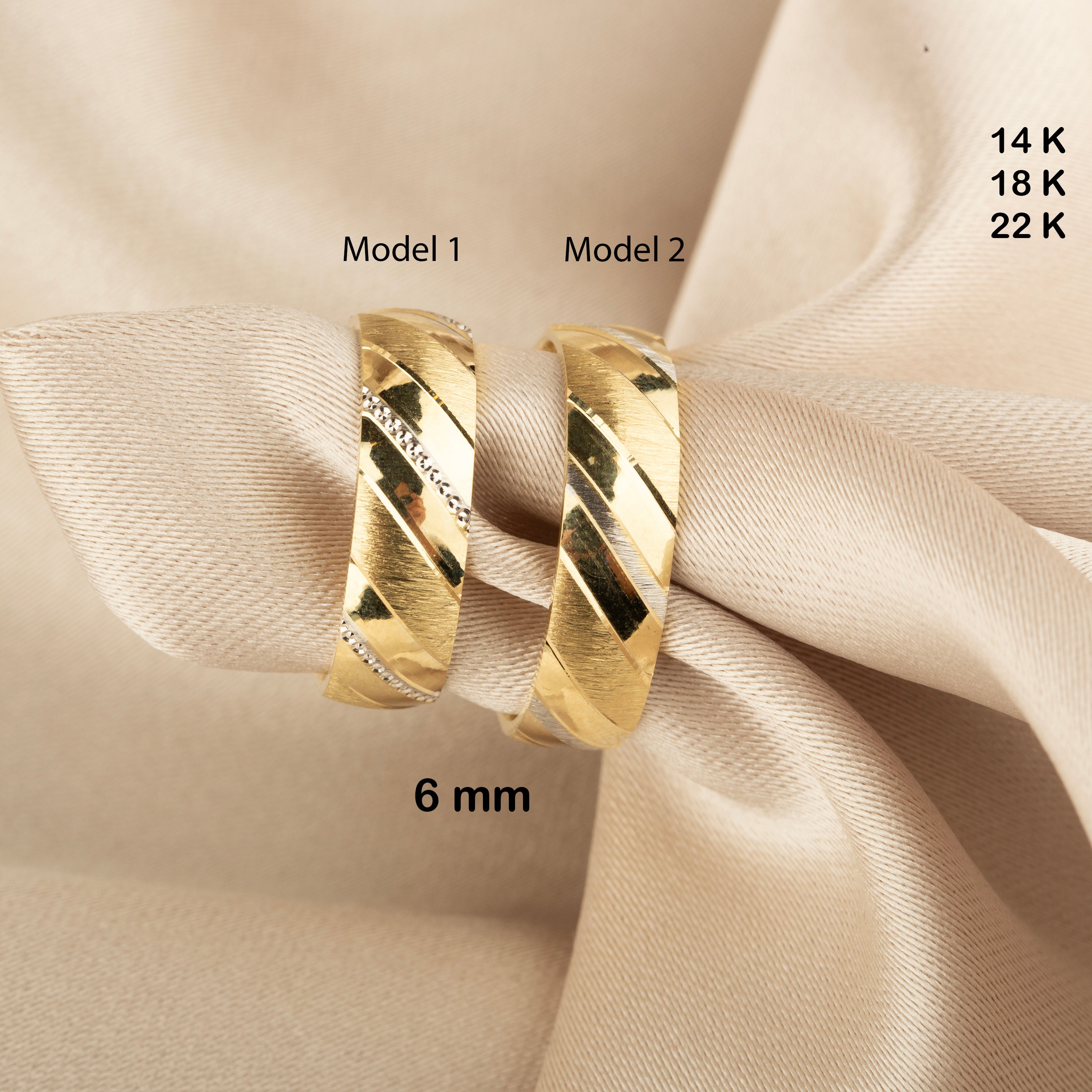 18K Solid Gold Diagonal Grooved Wedding Bands - 18k Gold