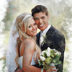 May include: A watercolour portrait of a smiling couple on their wedding day. The bride wears a white dress, veil, and tiara, holding a bouquet of white flowers. The groom is in a black suit, embracing her. The background has soft, blended colours.