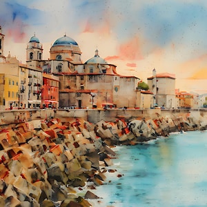 Cádiz, estilo acuarela, impresión digital sobre lienzo.