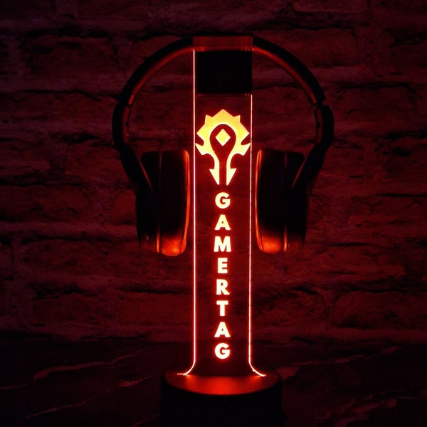 Support pour casque World Of Warcraft Horde | Décor de jeu personnalisé | Accessoires pour casques | Cadeau de jeu | Lumière LED | Ornement de joueur