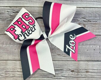 Hot Pink and Black Cheer Bow, with Name and School Initials - Your choice of two colors, Custom Sublimated Cheer Bow