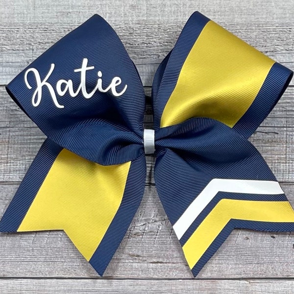 Navy and Gold Cheer Bow, Navy Blue Cheer Bow, Personalized, Sideline Cheer Bow, Chevron, Bold Stripe, You Choose Colors