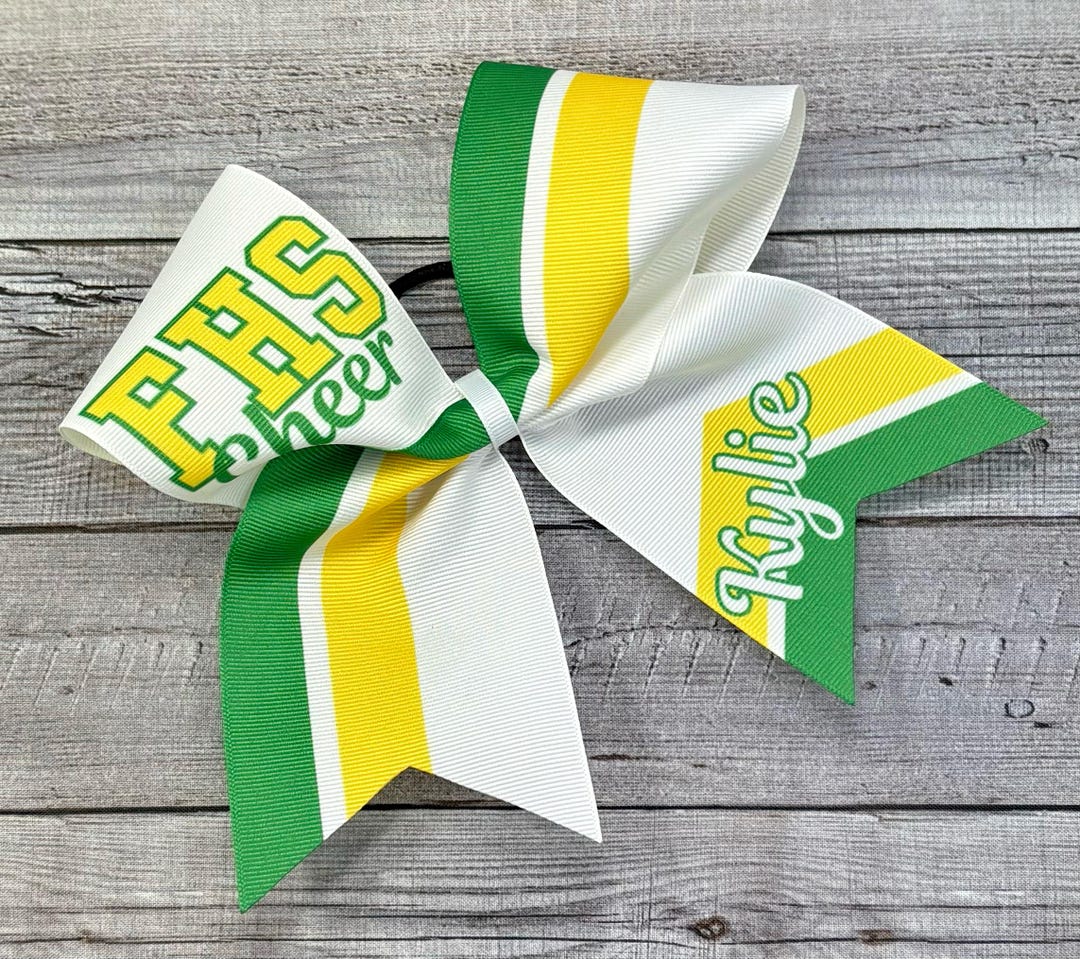 Green and Yellow Gold Cheer Bow, With Name and School Initials - Your ...