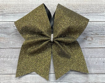 Competition Cheer Bow, Black Gold Glitter Cheer Bow, Black Gold Sparkly Cheer Bow, Glitter Cheer Bow, Rhinestone Center, You choose color!