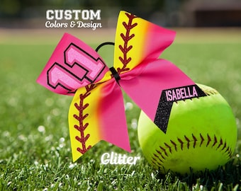 Glitter Softball Bow, Hot Pink with Softball Yellow Ombre, with Name and Number or Mascot In Choice of Glitter Color, Neon Pink Shown
