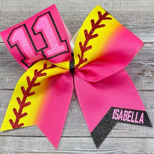 Softball Bow, Hot Pink with Softball Yellow Ombre, with Name and Number or Mascot In Choice of Glitter Color, Neon Pink Shown