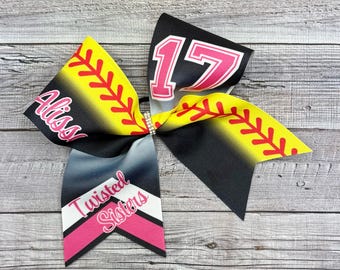 Lazo de softbol, negro, rosa fuerte, puntadas amarillas de softbol, con nombre y número de mascota: ¡dos colores a elegir!