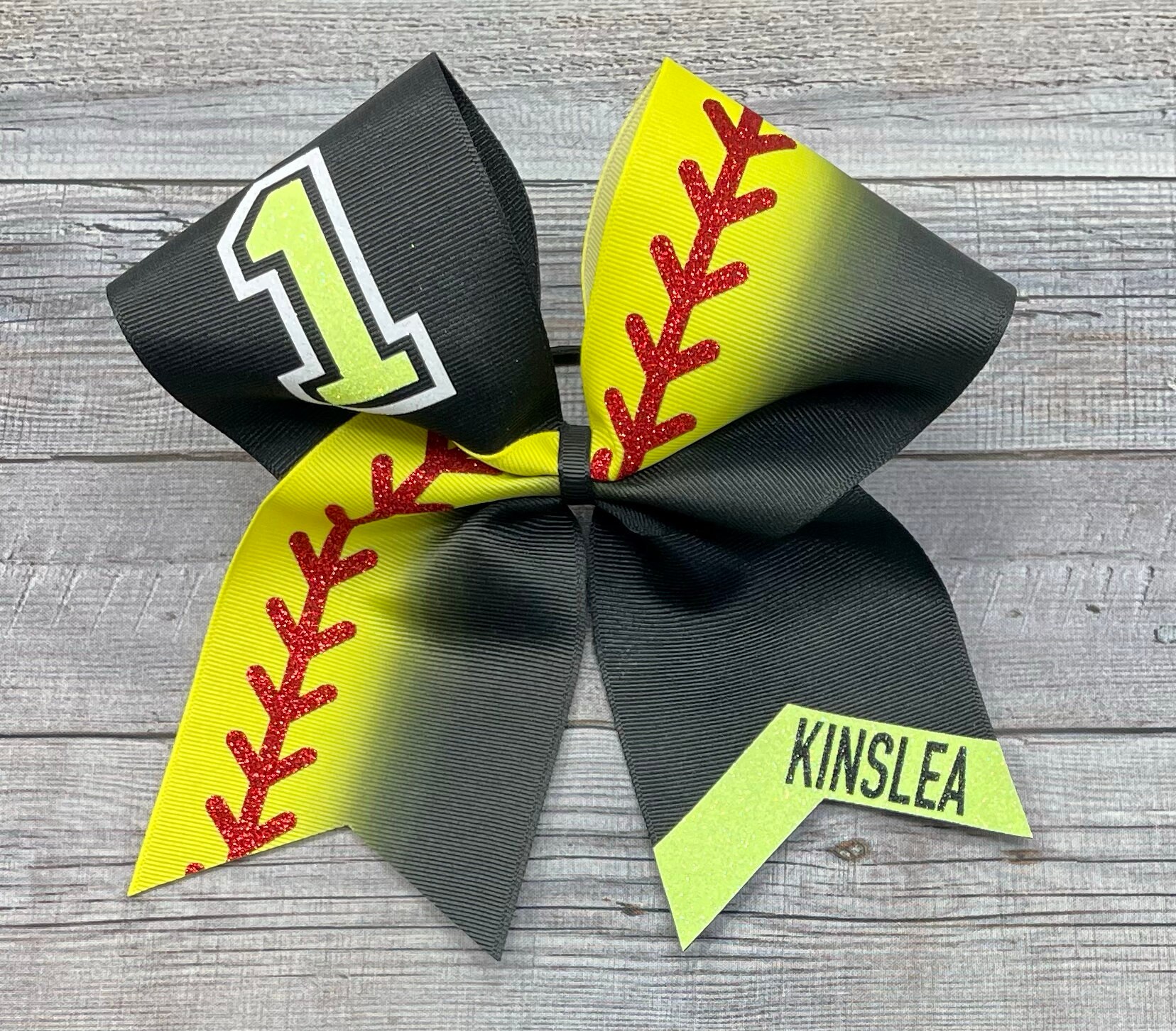 Softball Bow, Black with Softball Yellow Ombre, with Name or Mascot and Number In Your Choice of Two Glitter Colors